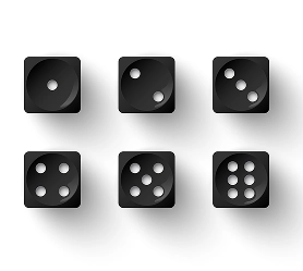Een set zwarte dobbelstenen met verschillende waarden, gerangschikt in een raster. Deze worden vaak gebruikt in tafel- en bordspellen voor willekeurige uitkomsten en spelmechanismen.