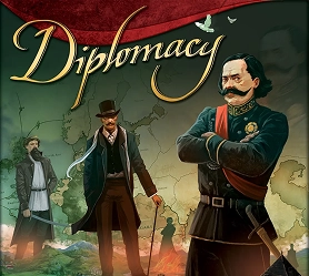 De doos van het bordspel Diplomacy toont historische Europese leiders, die het klassieke strategiespel van onderhandelen, allianties en tactische veroveringen vertegenwoordigen.