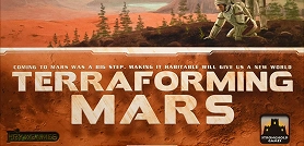 De omslag van het bordspel Terraforming Mars toont een futuristisch Marslandschap, dat symbool staat voor het strategiespel over het koloniseren en transformeren van de rode planeet.